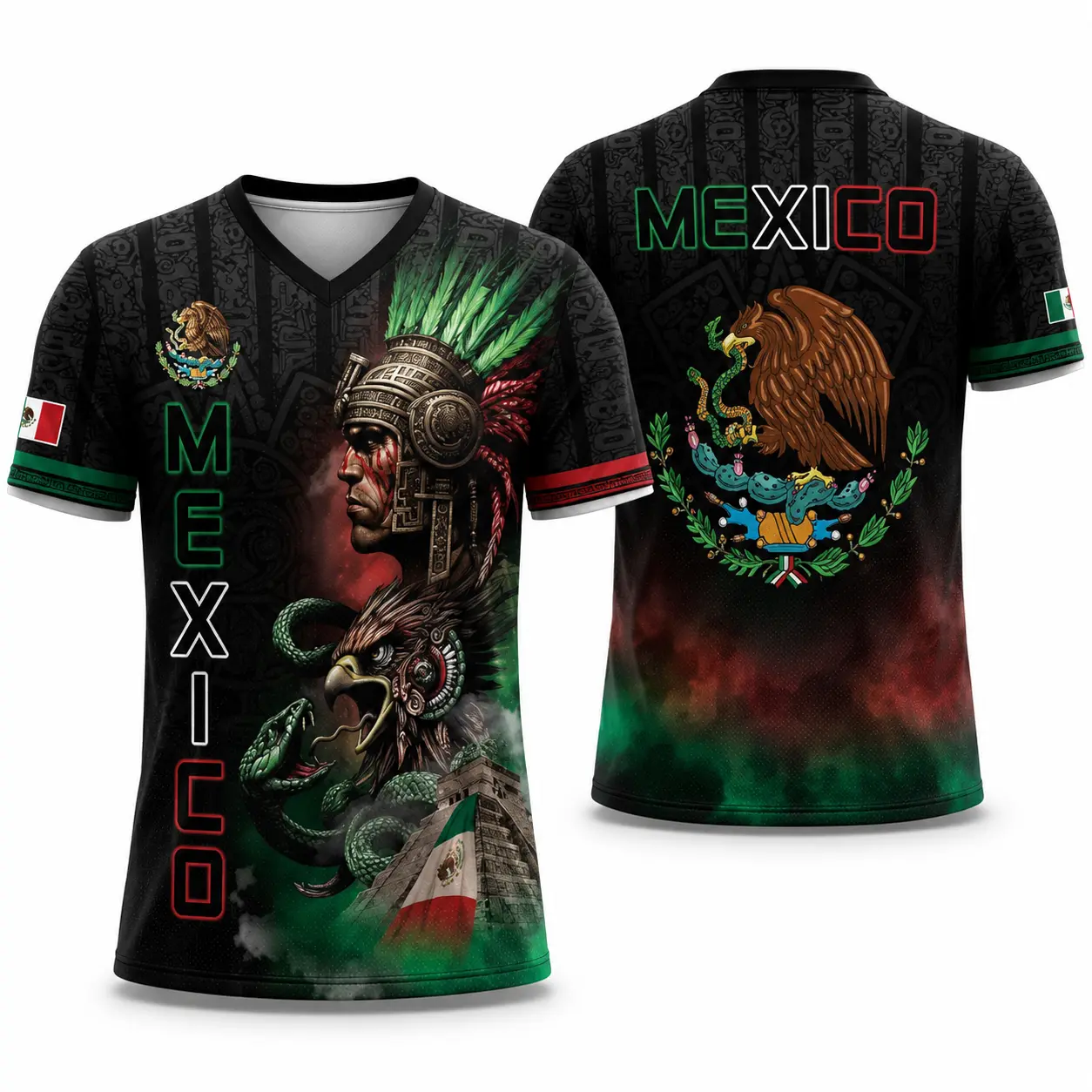 Mexico Aztec Warrior 3D All-Over Print T-Shirt, Mexican Flag Eagle and Snake Graphic Tee, Cinco de Mayo Patriotic Unisex Gift for Men and Women tiktokshopbacktoschool