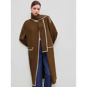 Cider [size 2-10] Wool-like Round Neckline Solid Contrasting Binding Coat With Scarf