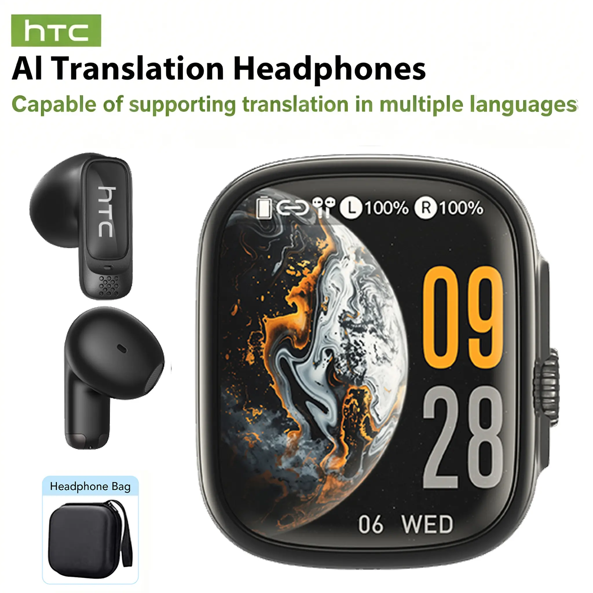 HTC NE72 Wireless Smart Screen Earbuds, Switch Bluetooth Name to Change Earbuds/Speaker Mode, Translation Earbuds, Two Touch Modes: Music Control & TikTok Scroll/Like