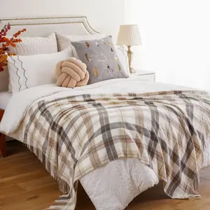 Battilo  Plaid Throw Blanket for Couch, Farmhouse Checkered Decor Throw, Lightweight Beige Throw Blankets for Bed Sofa Neutral Fall Blanket, 50"x60"