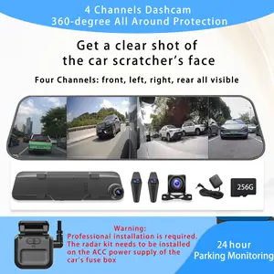4 Channel Dash Cam with 12" Touch Screen Mirror, WiFi Rearview Mirror, Night Vision, Parking Assistance, GPS, G-Sensor, Loop Recording, 360-Degree Panoramic Dash Cam for Cars