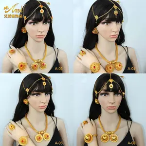 ANIID Ethiopian Gold Plated 6PCS Jewelry Sets With Red Crystal Zircon Stone Indian High Quality Necklace Set Wedding Party Gifts