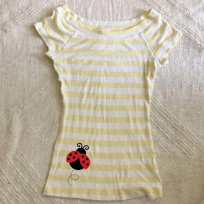 Cute Ladybug Print Striped T Shirt For Women Off Shoulder Slim Fit Casual Summer Streetwear Top