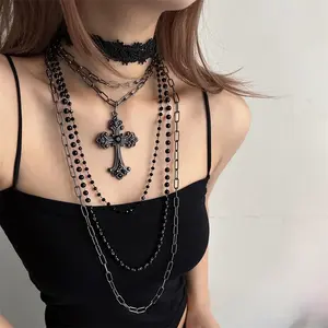 Black Lace Heavy Industries Cross Chain Stacked Necklace Collarbone Chain