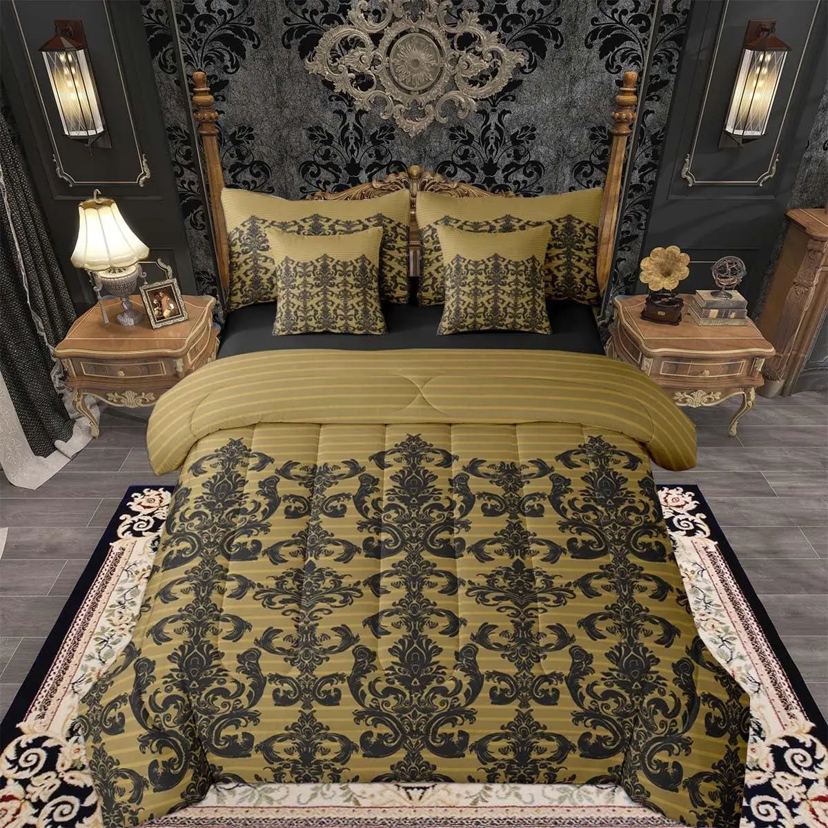 Gothic Damask Comforter Set with Sheets 7 Piece Antique Victorian Baroque Bed in a Bag Kids Boys Girls Gothic Damask Floral Bedding Set Bedroom Decor Breathable Soft