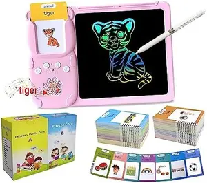 Spanish+English Bilingual Toddler Toy Drawing Tablet with Talking Flash Cards, Drop Resistant LCD Writing Tablet, Visual Speech Flash Card Toy, Durable & Rechargeable, Portable for Kids