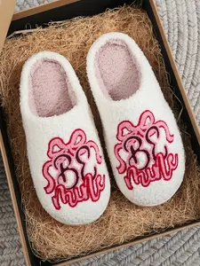 Women's Soft Plush Bow Embroidered Slippers, Cute Valentine's Day Gift, Indoor Warm Anti-Slip Shoes for Fall & Winter