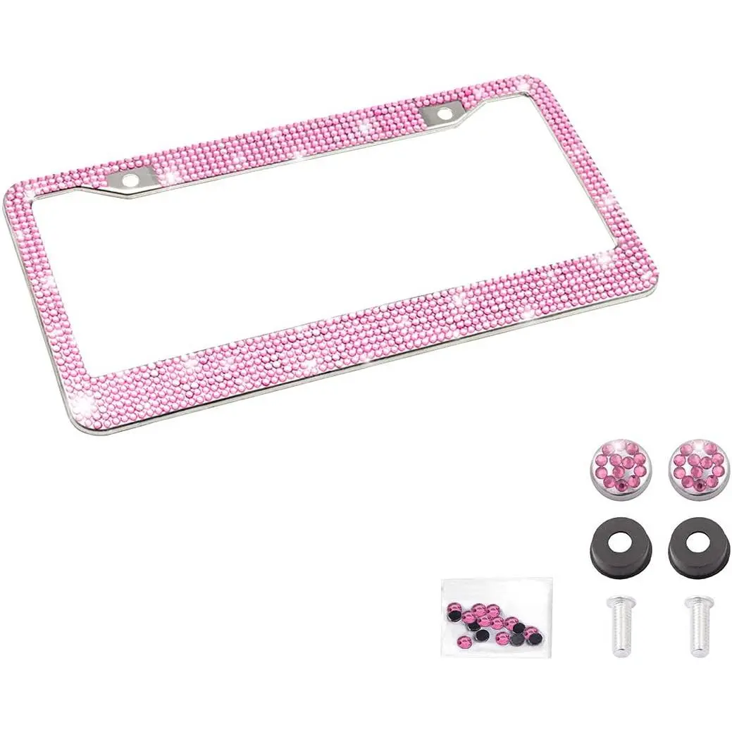 Women's Bling Car License Plate Frame - Handcrafted Crystal Stainless Steel, Sparkly, Durable, Universal Fit for 12x6 License Plates, 1pcs 5mm Car Exterior Accessory for Girls (Light Pink)