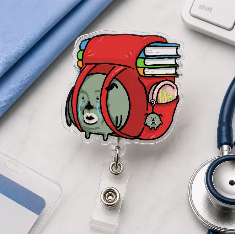 Funny Crying Backpack Badge Reel, Cute Student Acrylic Retractable ID Badge Holder, Book Lover Accessory, School Gift, Cartoon Backpack Clip