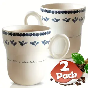 2 Pack 400ml/13oz Ceramic Coffee Mugs Set, Drinkware, Large Capacity Hot Chocolate Mugs, Vintage Style in White with Blue Floral Patterns, Ink Style Mug Milk Breakfast Mug Suitable for Office Home Restaurant Cafe, Ceramic Cups