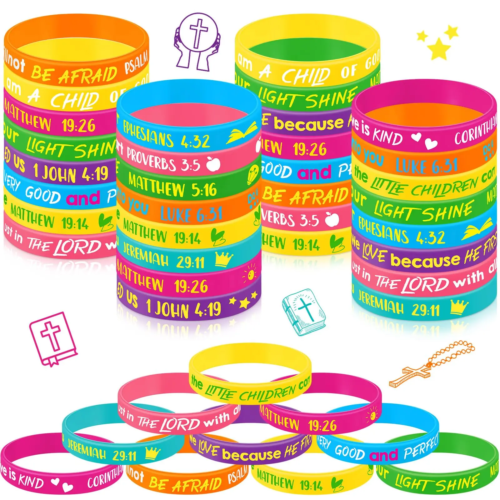 60Pcs Bible Verse Bracelets Christian Gift for Youth Group Women Men Students Stretch Faith Motivational Rubber Wristband Religious Gift for Nonfood Sunday School Classroom Rewards Church Trunk or Treat Giveaway Goodie Bag Stuffers Party Favor