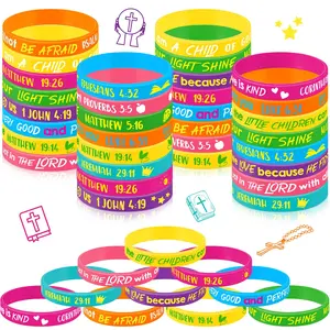 60Pcs Bible Verse Bracelets Christian Gift for Youth Group Women Men Religious Gift Waterproof Colorful Stretch Silicone Faith Bracelets Motivational Rubber Wristband Gift for VBS Summer Church Camp Back to School Sunday School Rewards Party Favor