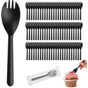 100Pcs Medium Black Plastic Sporks, 5.4 Inch Individually Wrapped Disposable Fork Spoon Combo, Heavy Duty Cutlery for Salad, Dessert, Takeout, Party, Wedding, Catering Events
