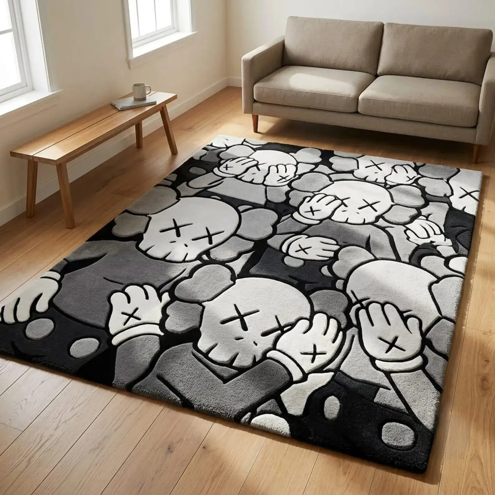 Handmade KAWS-Inspired Tufted Area Rug, Black & White Modern Custom Cartoon Carpet, Streetwear Living Room Decor, Gift for Him