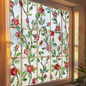 Stained Glass Window Privacy Film: 3D Rose Floral Decorative Frosted Static Cling Bathroom Heat Control Sun Blocking Window Sticker Non Adhesive Door Covering