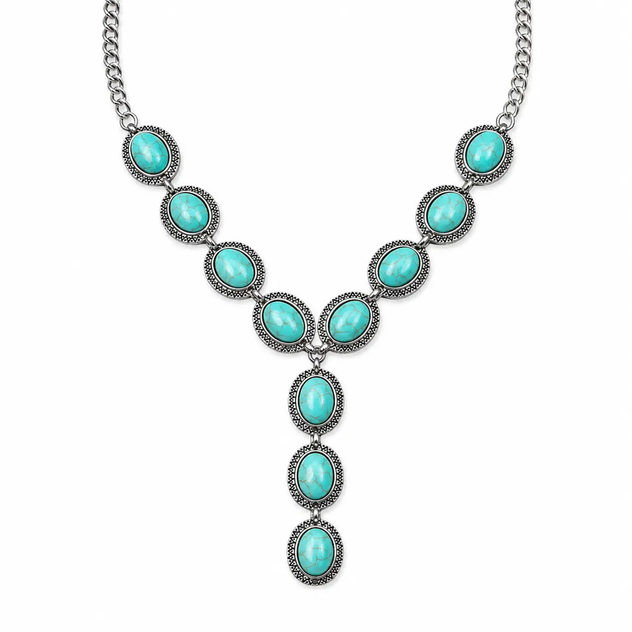 XL-A14-Vintage Boho Y-Shape Necklace | Antique Metal Tone with Turquoise Style Oval Stones | Southwestern Drop Pendant for Summer & Festival Outfits