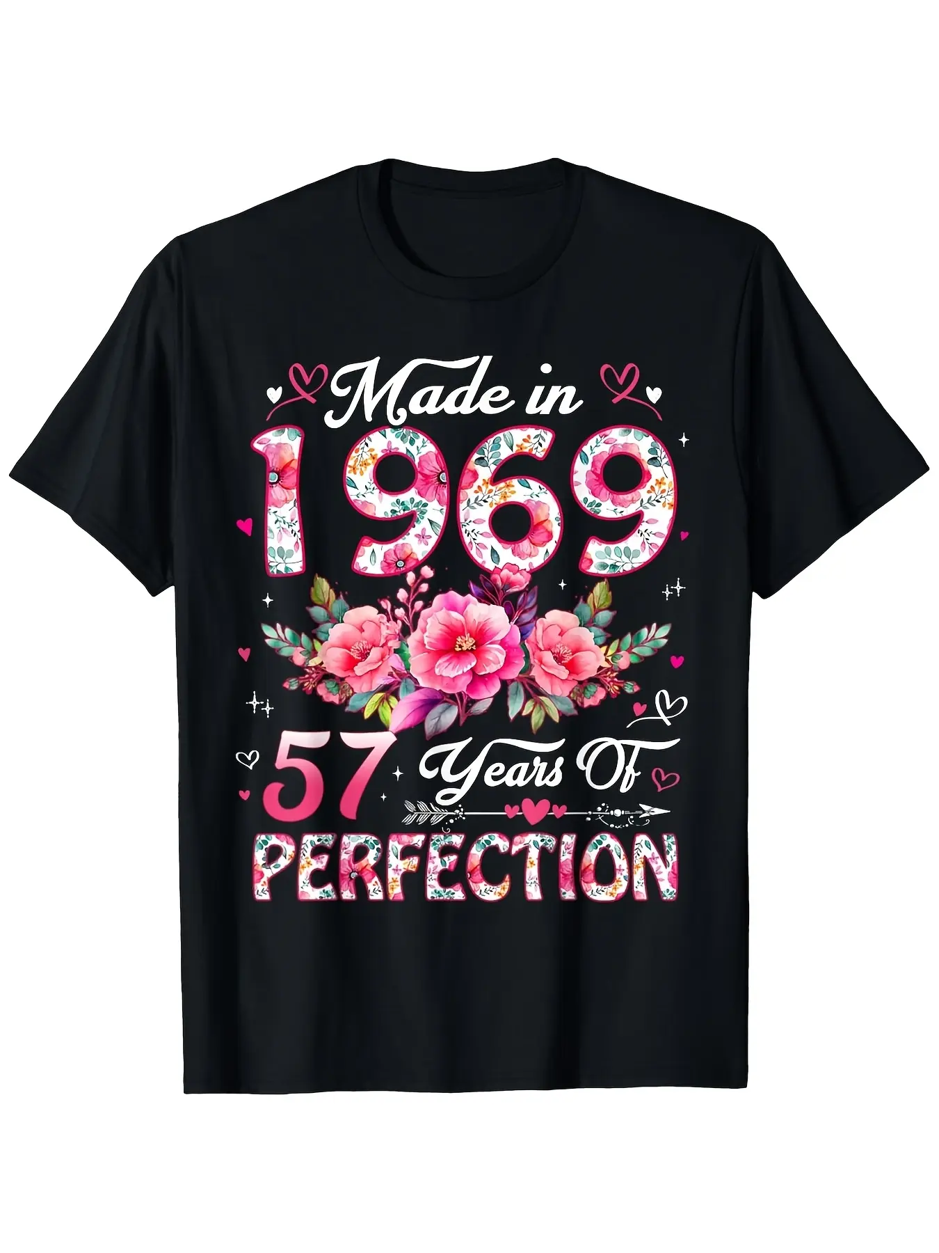 57 Year Old Made in 1969 Floral 57th Birthday Wome unisex soft cotton short sleeve t shirt, vintage graphic casual tee for men women teens, perfect birthday holiday gift for camping travel gym daily street  wear