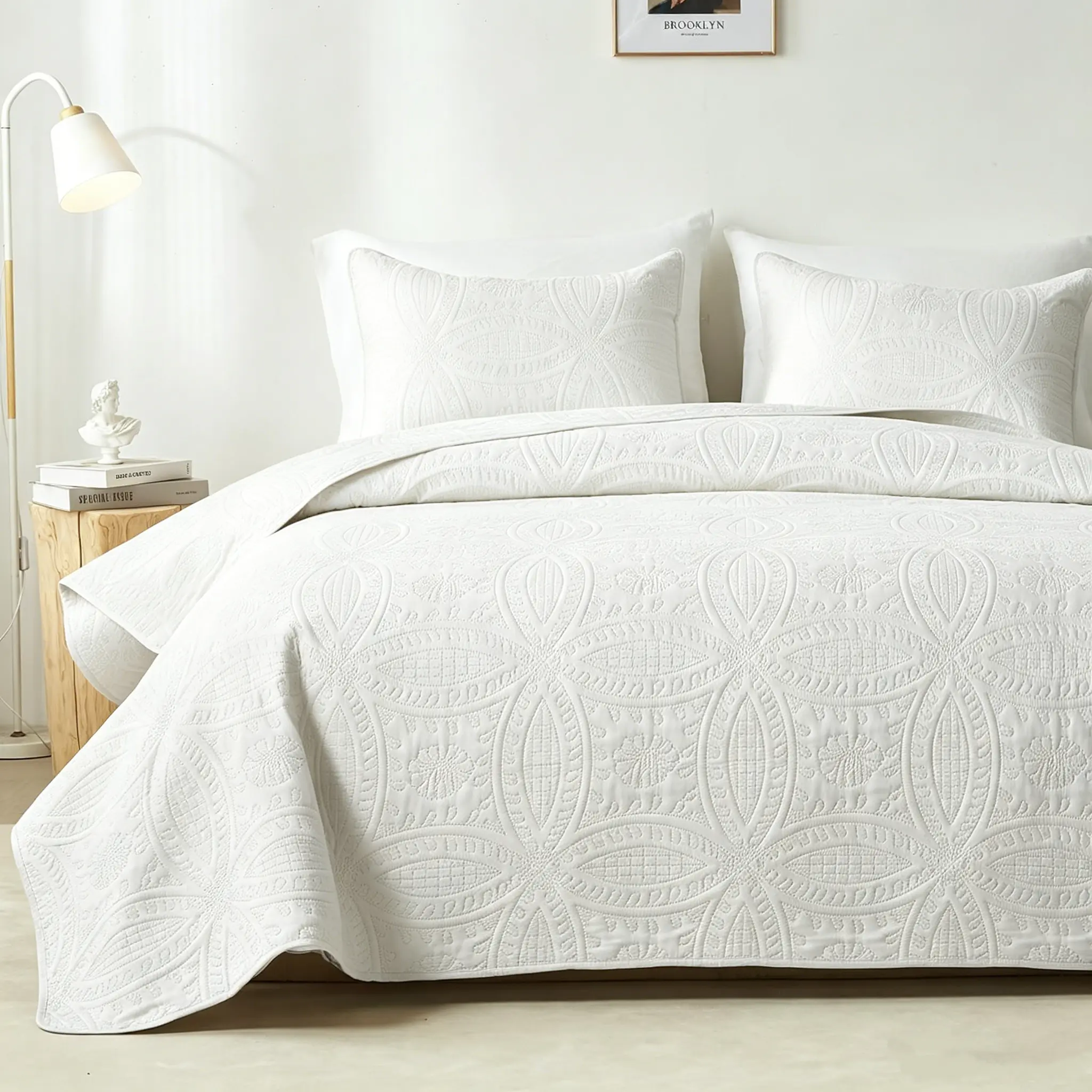 Soft Bedding Sets, Queen Size Modern All-Season Minimalist Solid White 3-Piece Set - Ultrasonic Press Lightweight Coverlet, Stitch-Free Edge, Durable Seamless Fabric, Coin Embossment, 1 Quilt, 2 Pillow Shams, Machine Washable