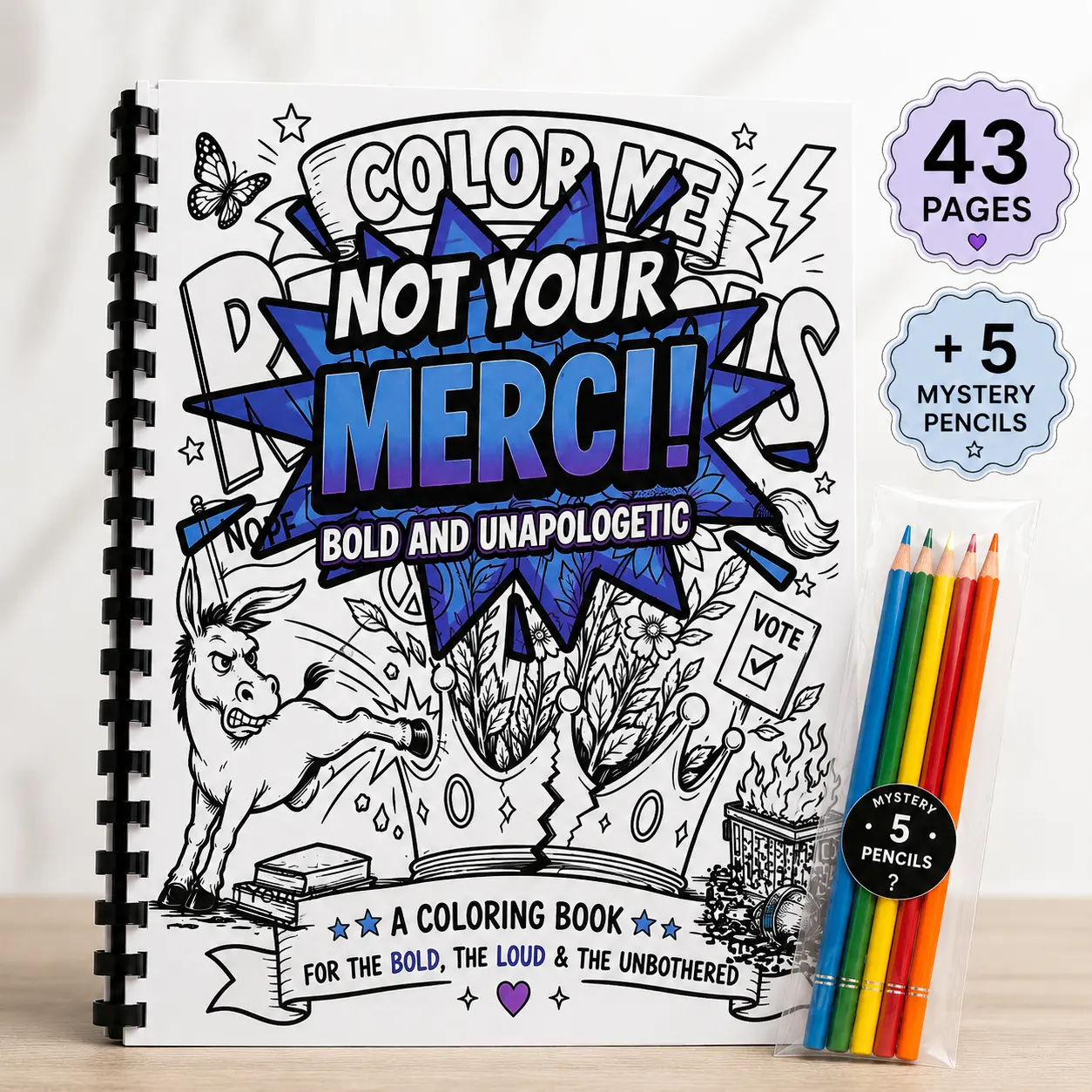 Political Coloring Book | 36 Funny & Sassy Coloring Pages + Mystery Colored Pencil Pack