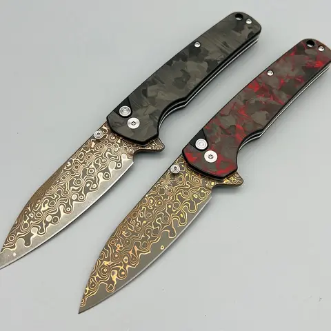 KLAKEN Copper Damascus Button Lock Carbon Fiber Handle