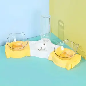3 in 1 Cat Feeder for Cats Small Dogs 15 Degrees Raised Cat Bowls and Automatic Cat Water Bottle Random color Anti-Slip Durable Feeding Bowl Easy Washable Plastic Splicing Bowl
