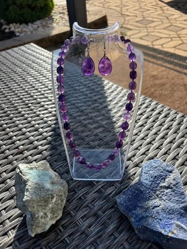 Natural Crystal Amethyst Tumbled Necklace and Earring set
