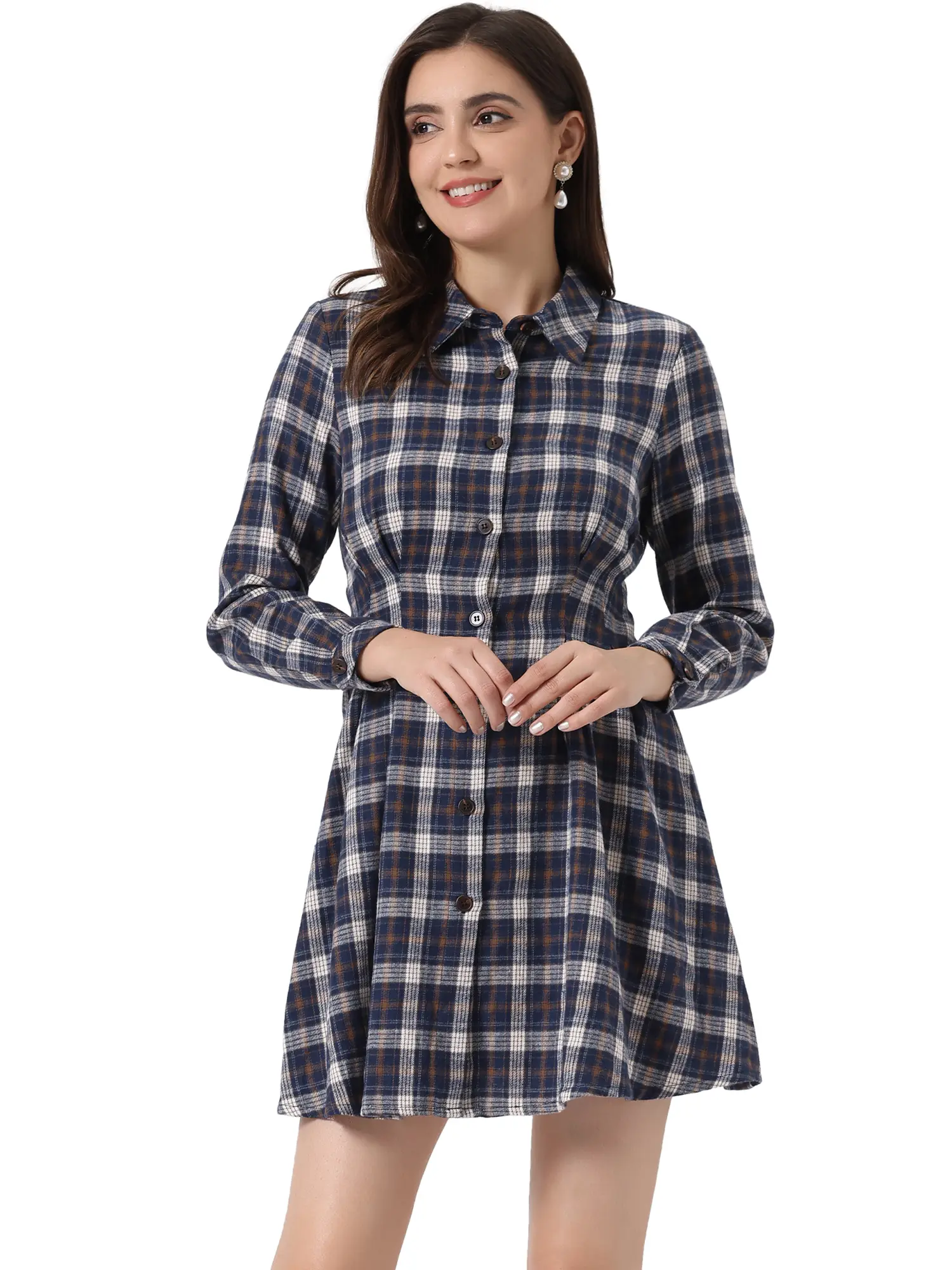 INSPIRE CHIC Women's Tartan Plaid High Waist A-Line Button Up Flannel Flared Shirt Dress