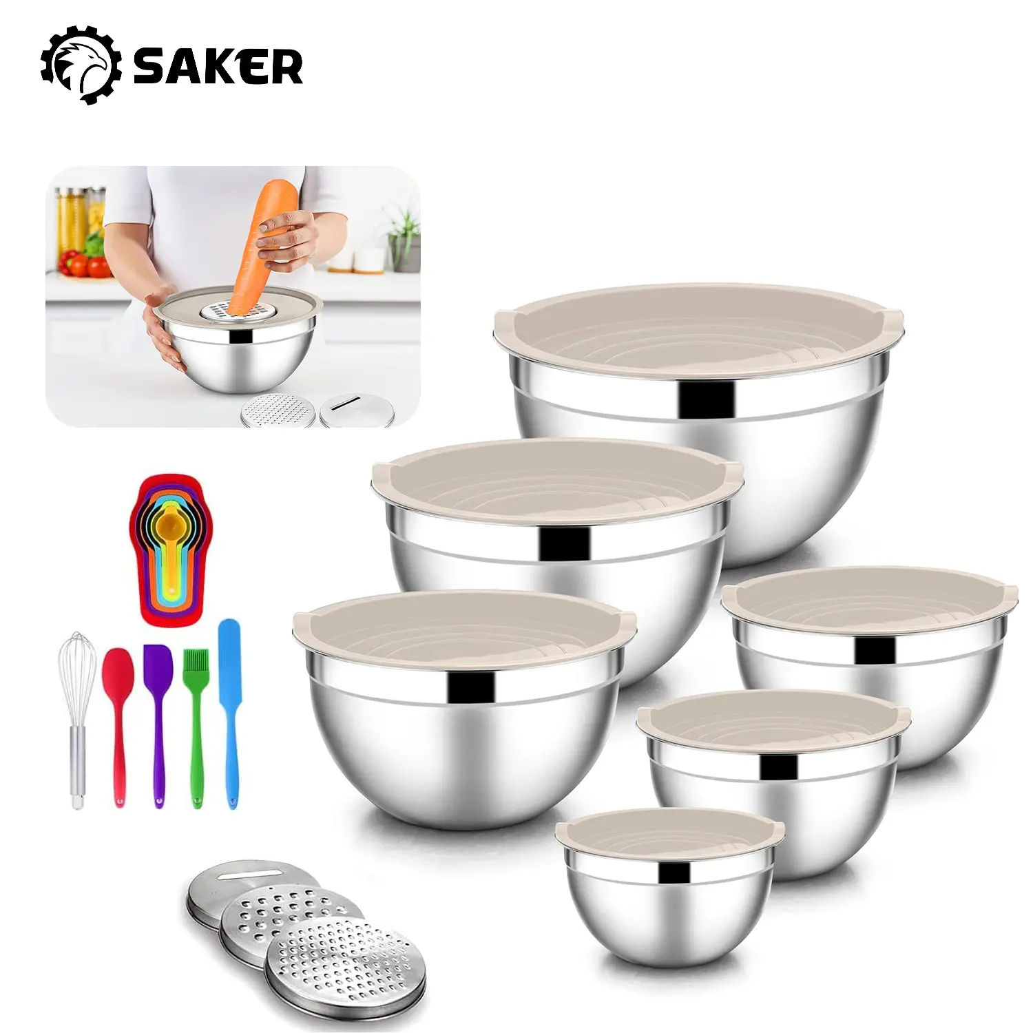 Stainless steel mixing bowl set with lid and grater, suitable for multi-purpose kitchen use, food-grade sealed bowls, mirror-polished interior