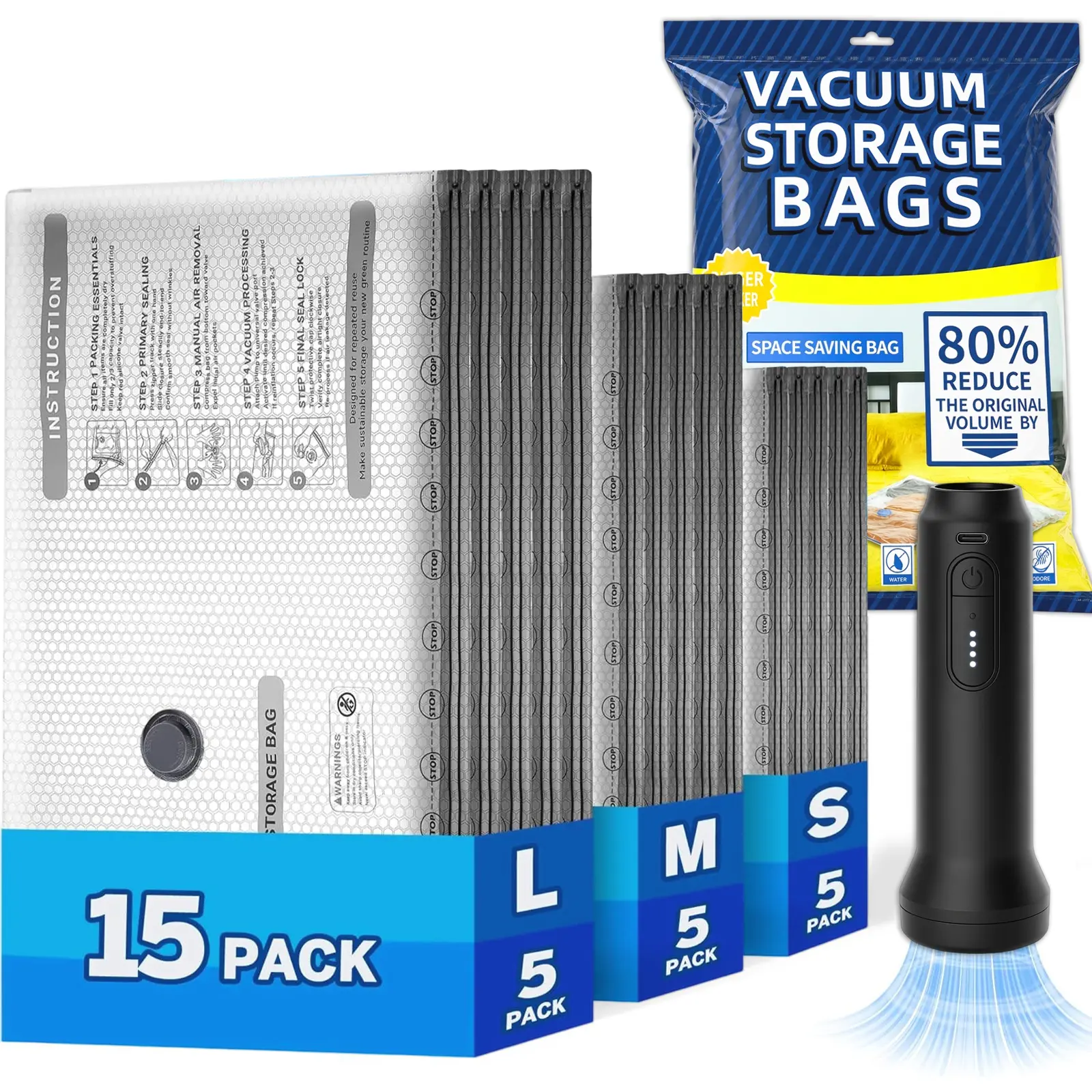 Portable Cordless Electric Pump Vacuum Storage Kit - Air-Tight Compression Space-Saver Solutions, Vacuum Bags for Travel, Sealing Organizer for Clothes, Comforters, Household Use