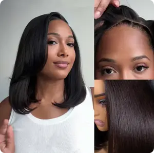 【Silk Press Look】Wear & Go Yaki Straight Glueless Bob Wig Pull Go Pre Cut Lace Wig Natural Human Hair Wig Pre-Everything Wig #1B 180% Density Glueless Lace Black Yaki Bob Bleached Knots Wig#Summervibes