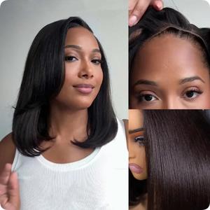 【Silk Press Look】Wear & Go Yaki Straight Glueless Bob Wig Pull Go Pre Cut Lace Wig Natural Human Hair Wig Pre-Everything Wig #1B 180% Density Glueless Lace Black Yaki Bob Bleached Knots Wig#summerwins,summerhairstyles