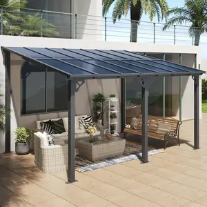 Aoxun 14'x10' Wall Mounted Lean to Gazebo, Premium Hardtop Pergola with Aluminum Frame & Polycarbonate Sloped Roof, Outdoor Patio Awning for Backyard, Porch, Deck