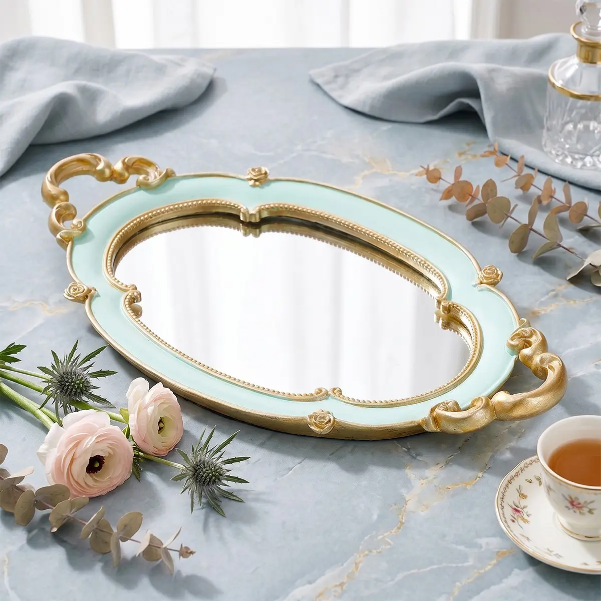 1pc Minimalist European Cloud Shape Mirror Tray, Hand-Painted Resin Home Decor with Glass Mirror Inlay, Multicolor Options Ideal for Photography, Makeup Storage and Vanity Accessories, Desktop Small Item Organizer