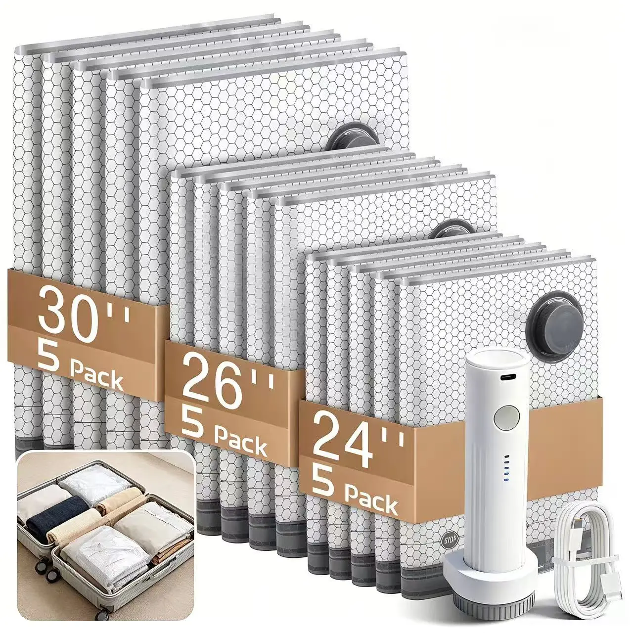 Cordless Travel Vacuum Storage Bags Set with Rechargeable Air Pump, 15 Pack Waterproof & Reusable Compression Packing Bags in 3 Sizes, Space-Saving Vacuum Seal Bags for Clothes & Carry-On【Dealsforyoudays】#SummerVibes