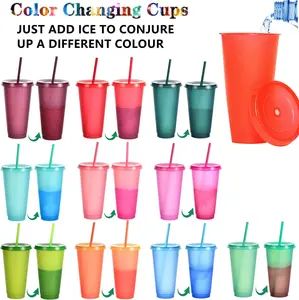 24oz Color-Changing Reusable Plastic Cups with Lids & Straws - 10 Pack Bulk Party Cups for Adults, Iced Coffee, Tea, Smoothies (BPA-Free, Durable, Leak-Resistant)