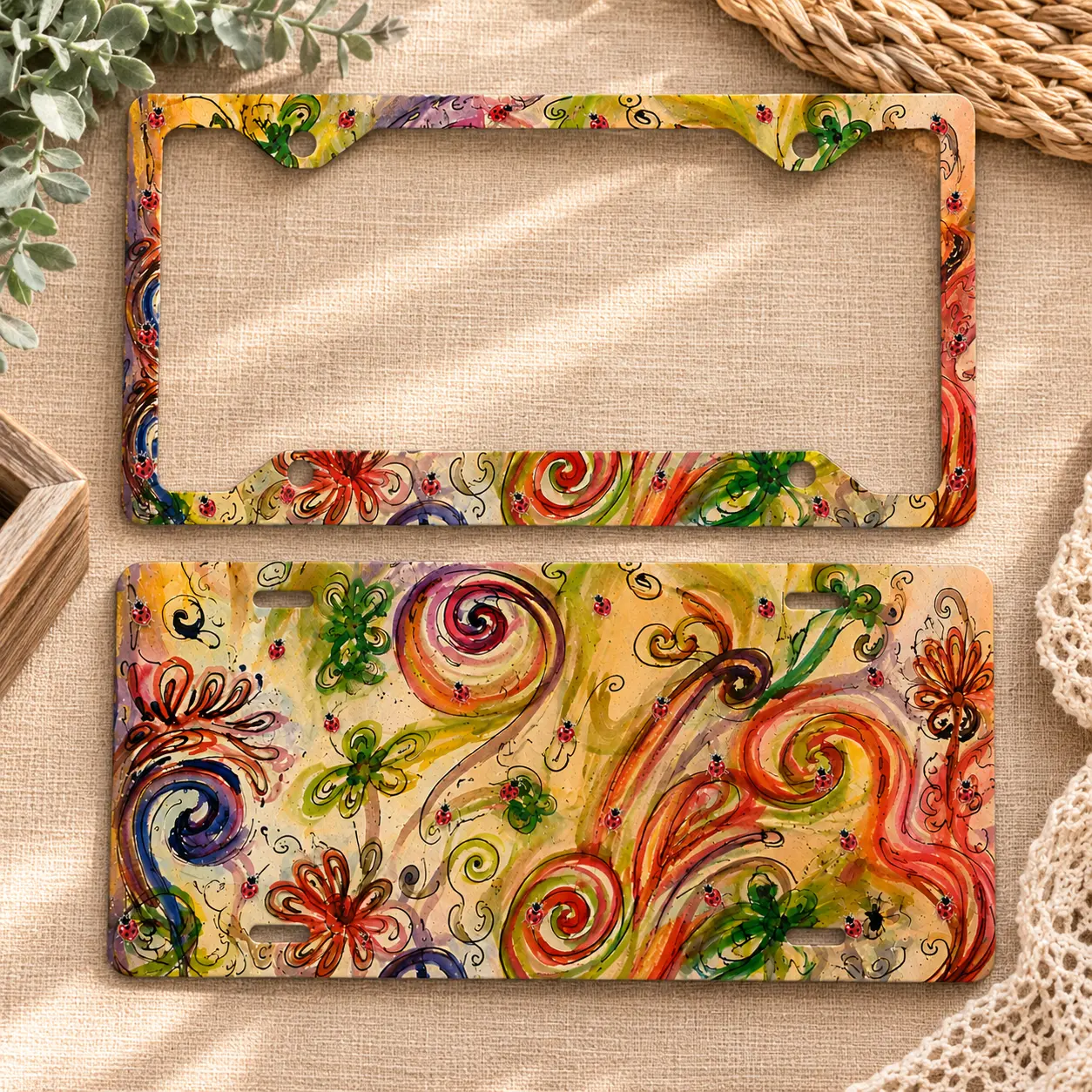 Ladybug Floral License Plate & Frame Set, Colorful Garden Swirl Vanity Plate, Whimsical Flower Car Tag, Nature Inspired Car Accessory Gift