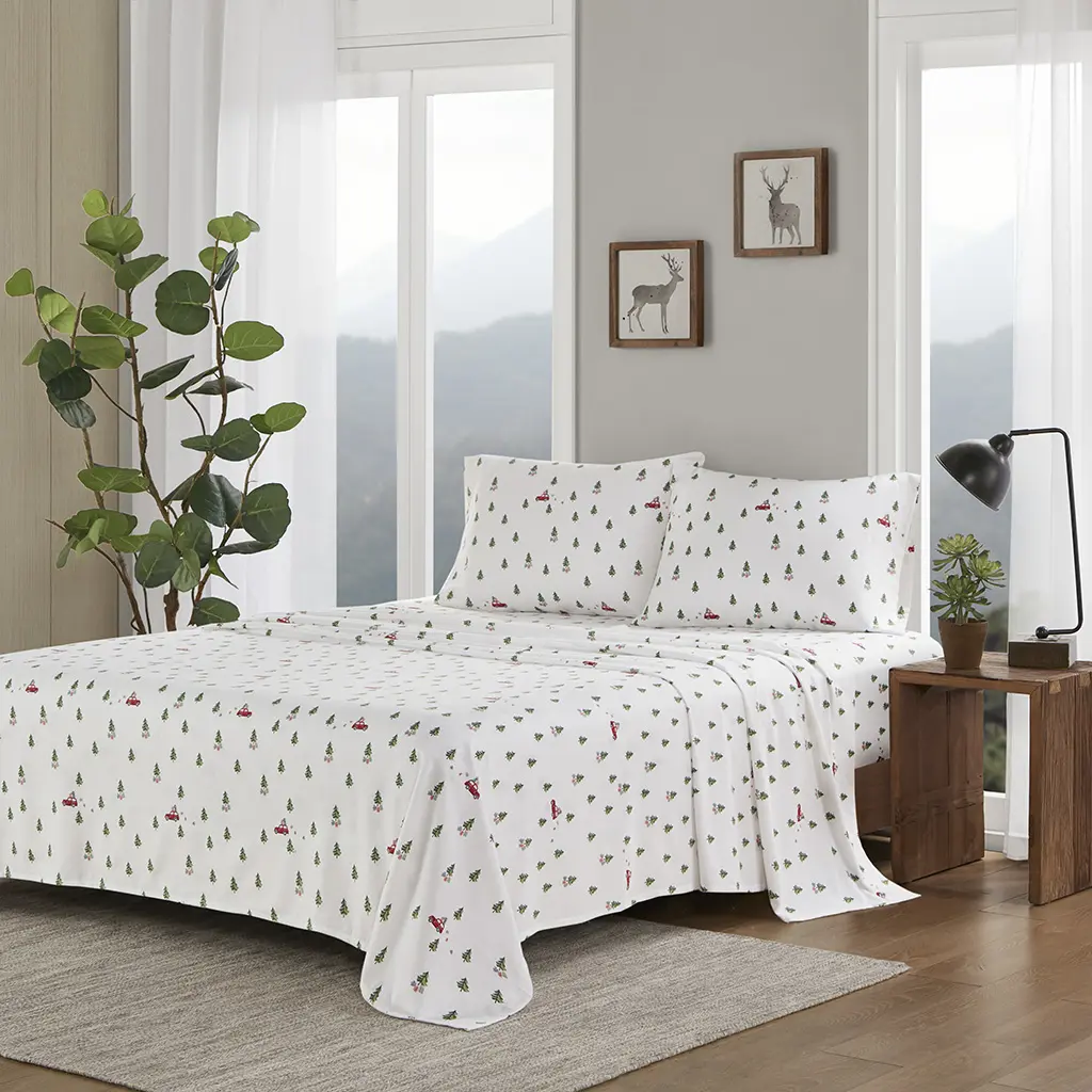 Queen Size Comfy Printed Bedding Set - 360 Stand Brushed Cotton Flannel Flat Sheet Set, 90x102x0.13 in Green Tree Classic Print, OEKO-TEX Safe Cotton Bed Sheets for Queen Mattresses, Comfy Bedding Set
