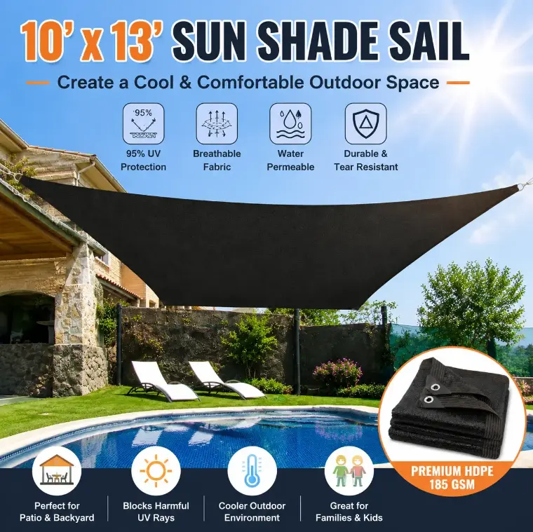 90% Blackout Shade Sail 10x13ft | UV Resistant Outdoor Sun Shade Cloth | Heavy Duty Shade Net with Reinforced Grommets | Backyard Pool Shade Cover | Patio Garden Sun Protection Canopy | Summer Family Outdoor Shade Solution | summerwins