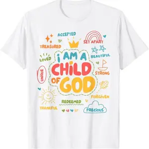 “I Am God’s Child” Children’s Printed T-Shirt: A cute and colorful Christian-themed short-sleeve T-shirt suitable for boys and girls comfortable casual daily wear