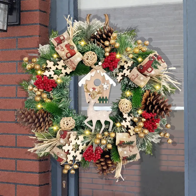 16-inch Warm Decorative Wreath with Santa, Log Cabin, Pine Cones, Berries - Festival Decorations Hook-on Holiday Ornaments - No Electricity, Durable Plastic, Easy Hooking - Indoor/Outdoor Front Door Garlands & Swags for Christmas, Thanksgiving