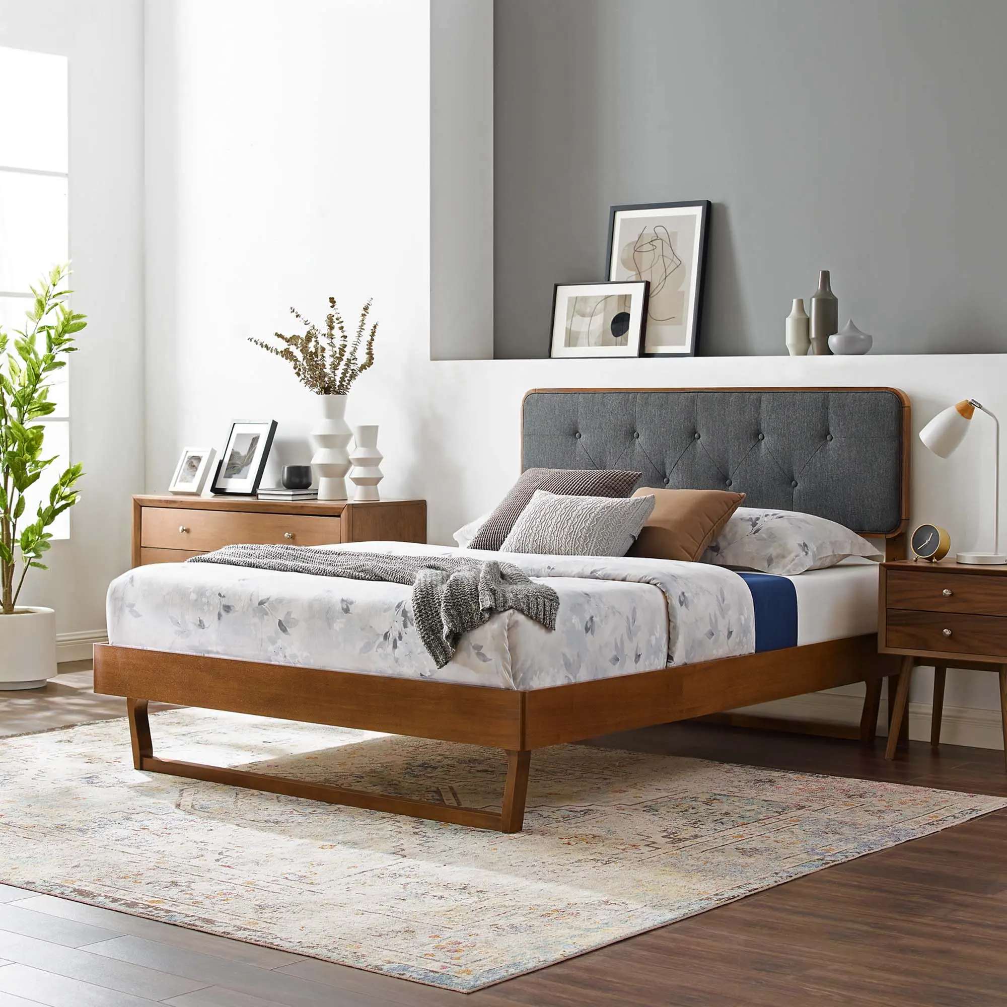 Modway Bridgette Full Wood Platform Bed With Angular Frame in Walnut Charcoal