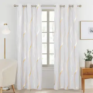 Deconovo Wave Striped Golden Foil Print Curtains, Room Darkening Curtains for Bedroom (W45 Inch, 6 Grommets, 2 Panels)