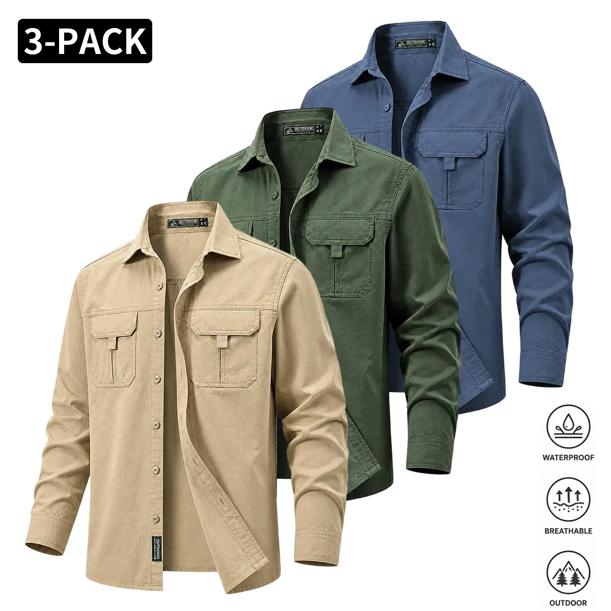 Men’s outdoor workwear-style 3-pack long-sleeve shirts, waterproof and breathable, multi-pocket design with a turn-down collar—casual, versatile tops Menswear Beige