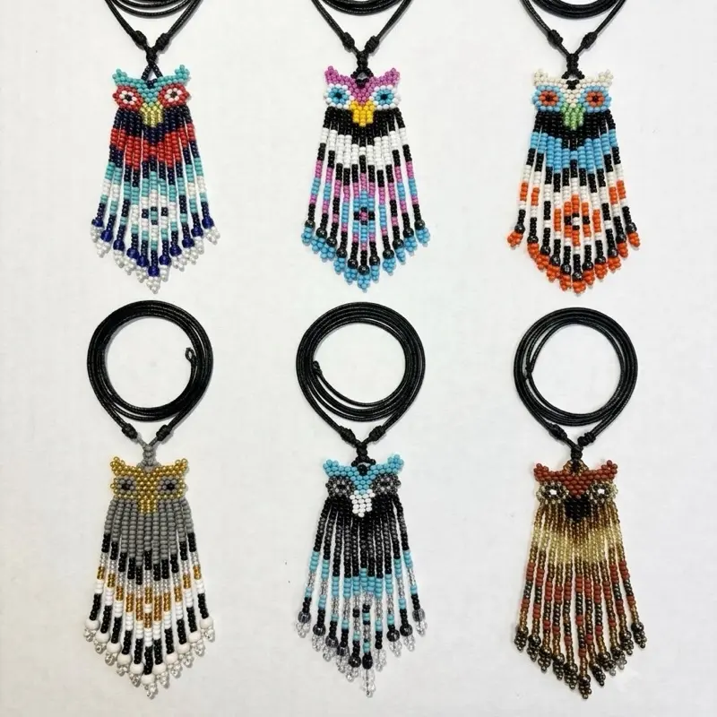 Tribal Owl Beaded Pendant Necklace, Size Adjustable, Handmade in Mexico