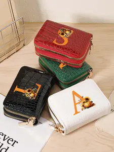 Fashionable letter printed credit card clip, fashionable coin wallet double-layer zipper, simple and casual multi card clip, very suitable for outdoor activities, travel and school, Halloween, Fashionable card holder, Card Saver