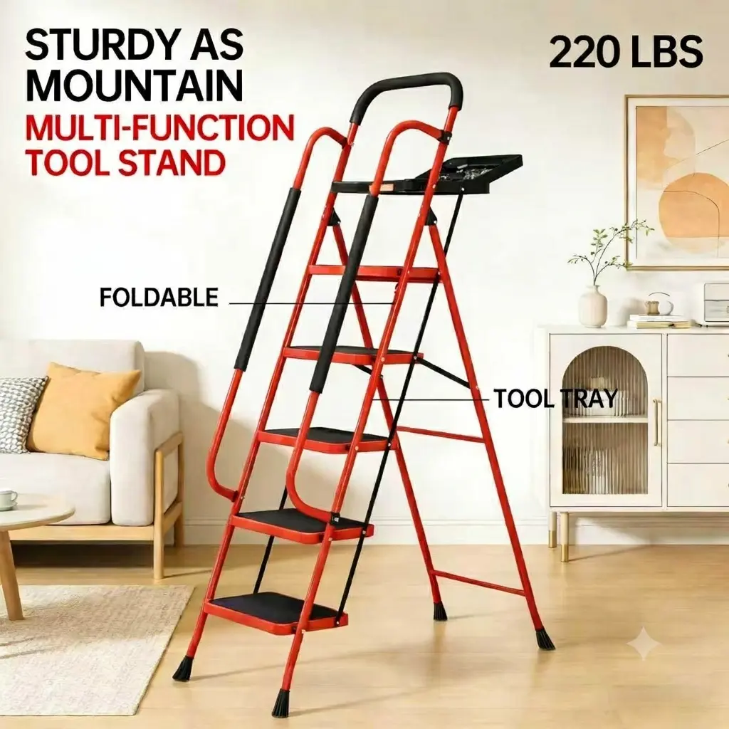 Sekam 5-Step Folding Ladder - 220 LBS Capacity, Sturdy Portable Collapsible Design with Handrail & Tool Tray, Ideal for Kitchen & DIY Home Improvement Projects, Home Improvement Building Supplies Ladder, Sturdy Portable Ladder