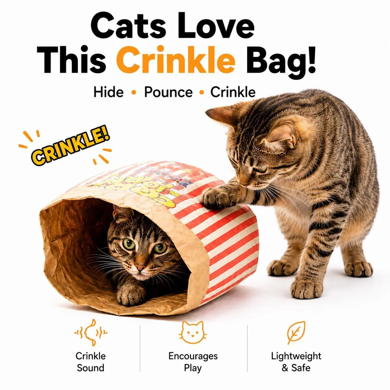2 Pcs Giant Cat Crinkle Bag Toy, Collapsible 29.5 X 13.8 Inch Paper Bag Tunnel Interactive Hideaway with Crinkle Sound for Indoor Cats, Kittens, Rabbits, Ferrets,  Self-Entertainment Boredom Relief Pet Supplies for Indoor Cats
