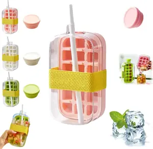 Ice Cube Bottle, 2 in 1 Touch-Free ice cube mold Tray with Straw & Lid - Easy Press Ice Tray Water Bottle, Leak Proof Lid, Vertical Ice Maker for Freezer, Travel, Gym & Home Use