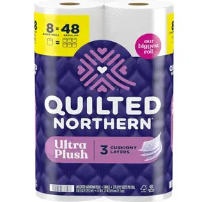 Quilted Northern Ultra Plush Toilet Paper, 8 Super Mega Rolls = 48 Regular Rolls, 3X Thicker*, 3 Ply Soft Toilet Tissue