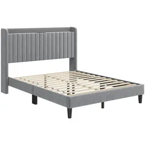 Costoffs Queen Size Upholstered Bed Frame, Velvet Bed Frame with Charging Outlets & USB Ports，Storage Headboard with Charging Station，Vertical Channel Tufted Headboard with Wing Side，Mattress Foundation ， Wooden Slat Support ， No Box Spring Needed